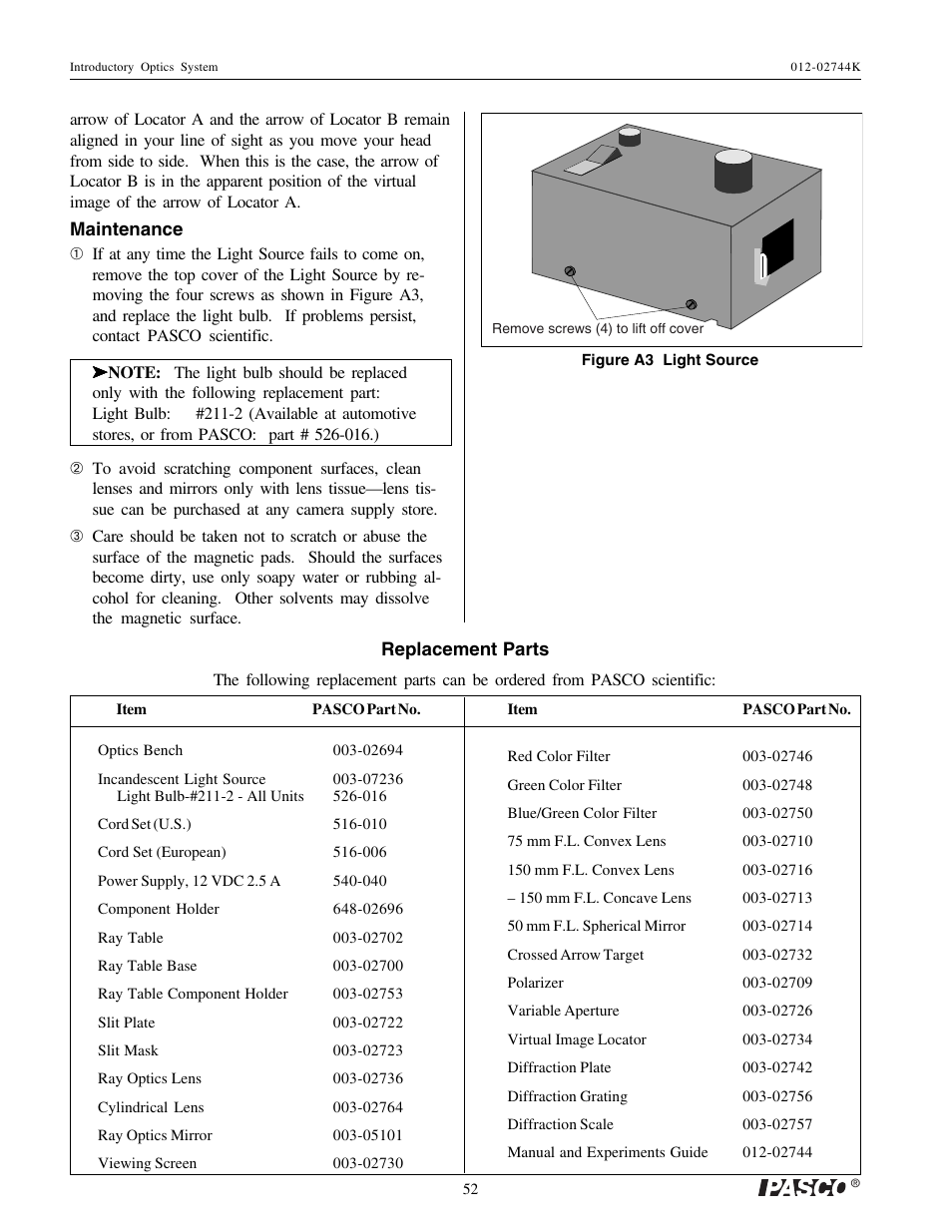 PASCO OS-8500 INTRODUCTORY OPTICS SYSTEM User Manual | Page 58 / 75