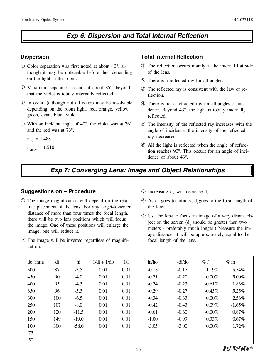 Exp 6: dispersion and total internal reflection | PASCO OS-8500 INTRODUCTORY OPTICS SYSTEM User Manual | Page 62 / 75