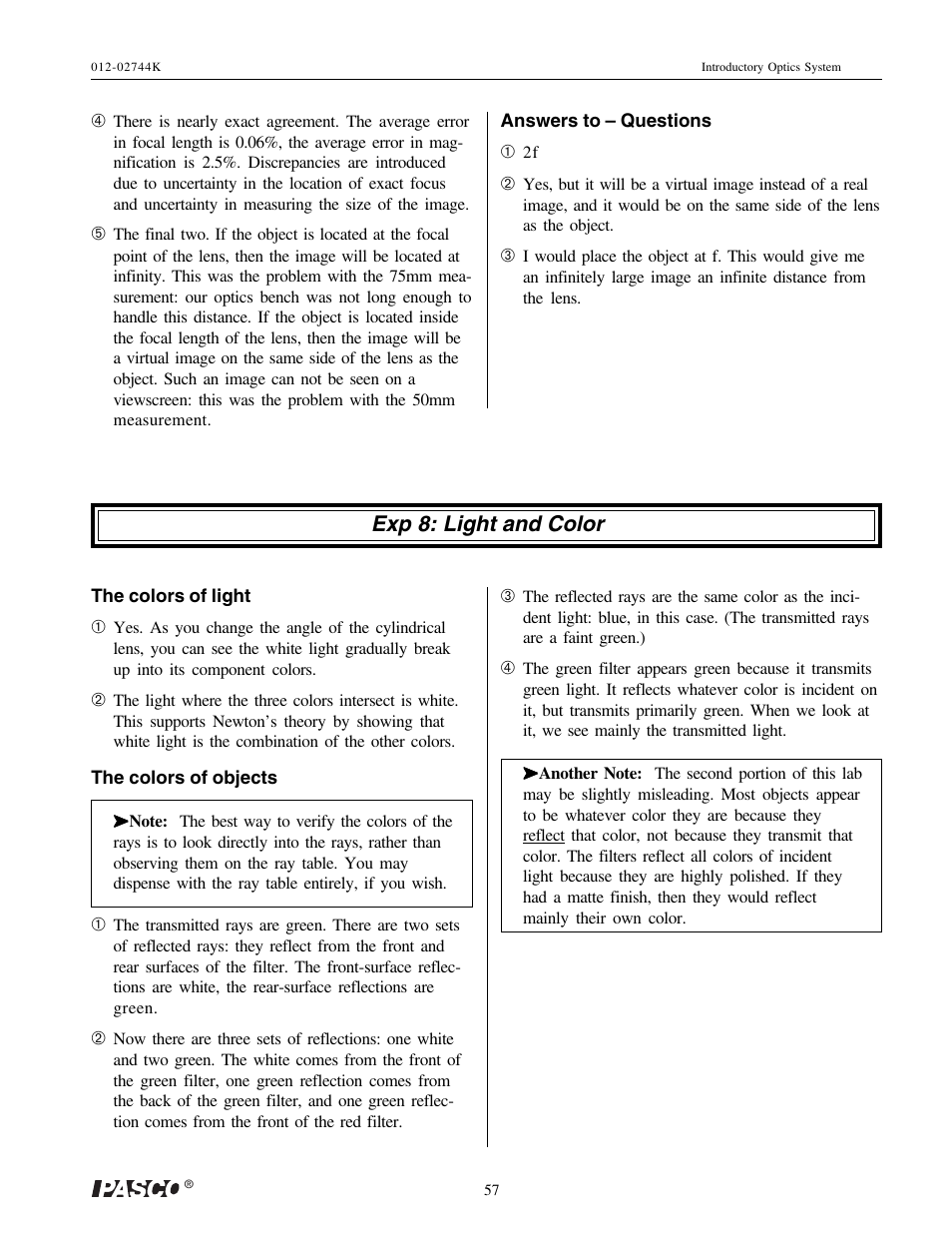 Exp 8: light and color | PASCO OS-8500 INTRODUCTORY OPTICS SYSTEM User Manual | Page 63 / 75