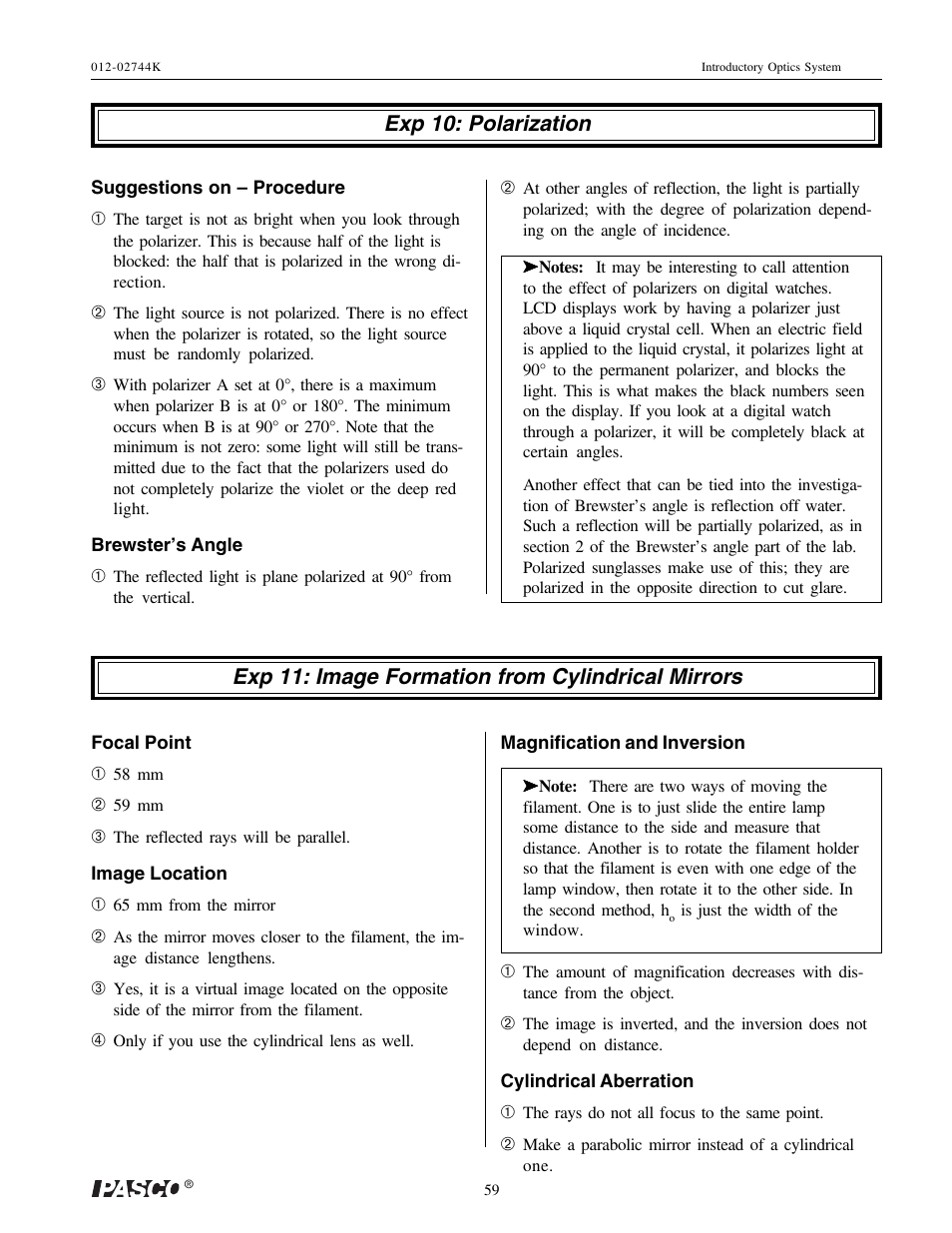 Exp 10: polarization, Exp 11: image formation from cylindrical mirrors | PASCO OS-8500 INTRODUCTORY OPTICS SYSTEM User Manual | Page 65 / 75