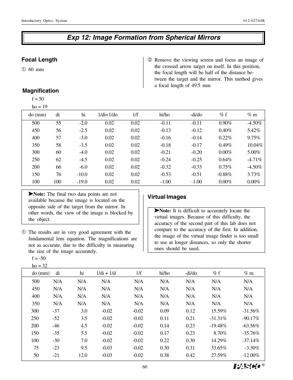 Exp 12: image formation from spherical mirrors | PASCO OS-8500 INTRODUCTORY OPTICS SYSTEM User Manual | Page 66 / 75