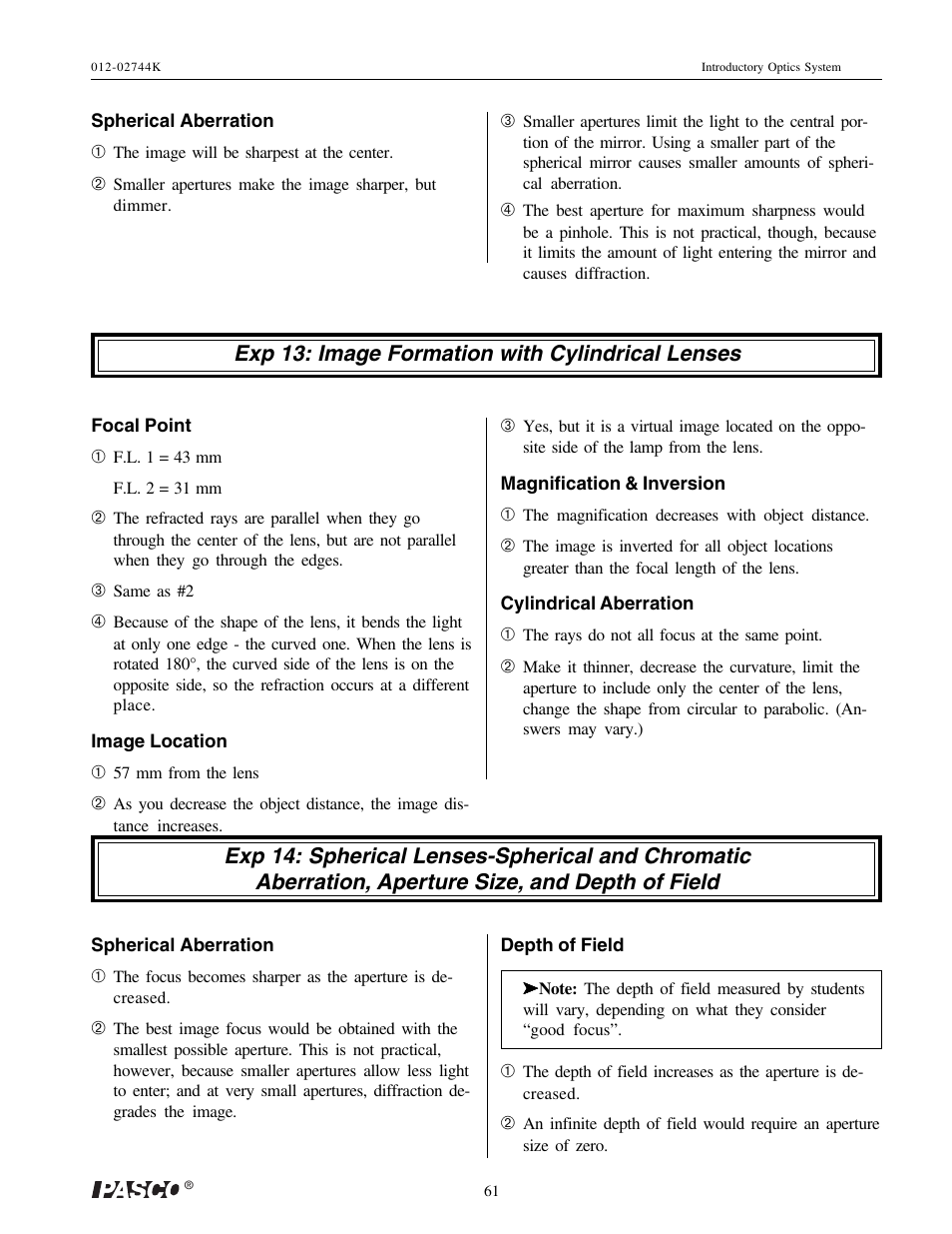 Exp 13: image formation with cylindrical lenses | PASCO OS-8500 INTRODUCTORY OPTICS SYSTEM User Manual | Page 67 / 75