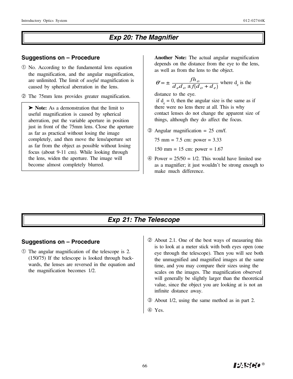 Exp 20: the magnifier, Exp 21: the telescope | PASCO OS-8500 INTRODUCTORY OPTICS SYSTEM User Manual | Page 72 / 75