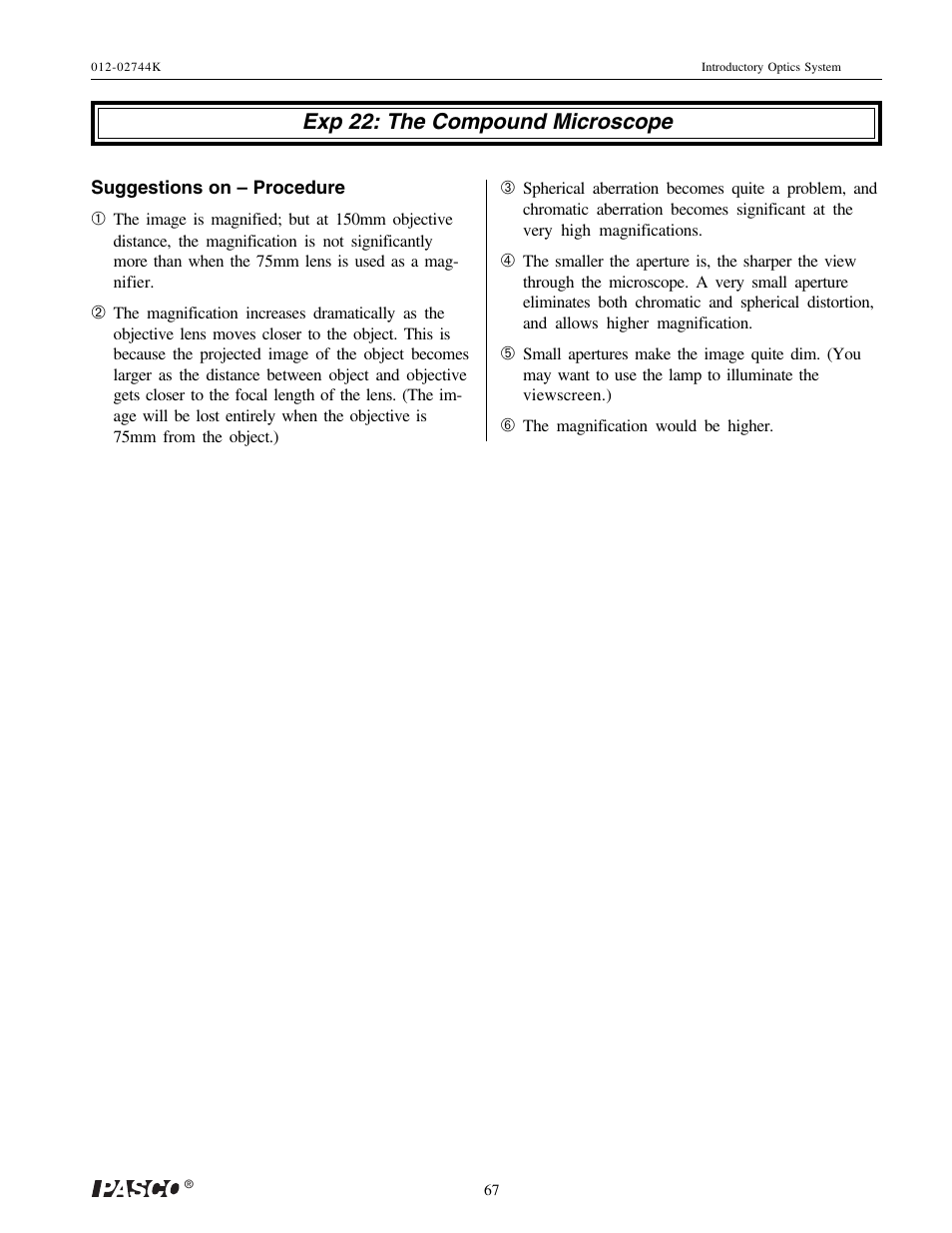 Exp 22: the compound microscope | PASCO OS-8500 INTRODUCTORY OPTICS SYSTEM User Manual | Page 73 / 75