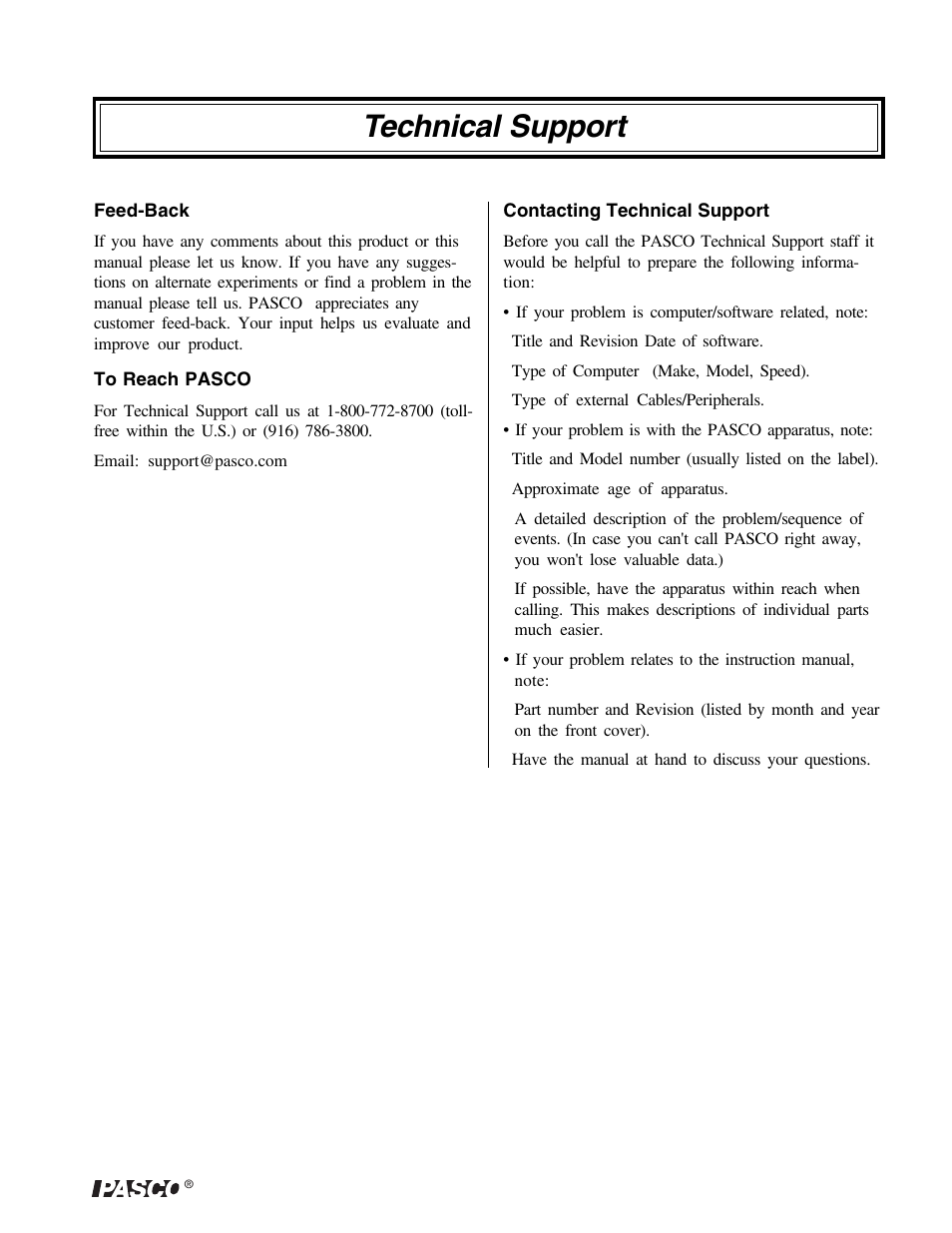 Technical support | PASCO OS-8500 INTRODUCTORY OPTICS SYSTEM User Manual | Page 75 / 75