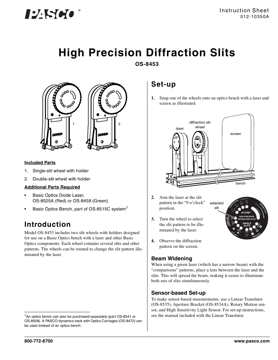PASCO OS-8453 High Precision Diffraction Slits User Manual | 3 pages