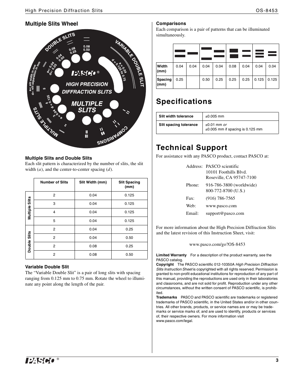 Specifications technical support, Multiple slits wheel | PASCO OS-8453 High Precision Diffraction Slits User Manual | Page 3 / 3