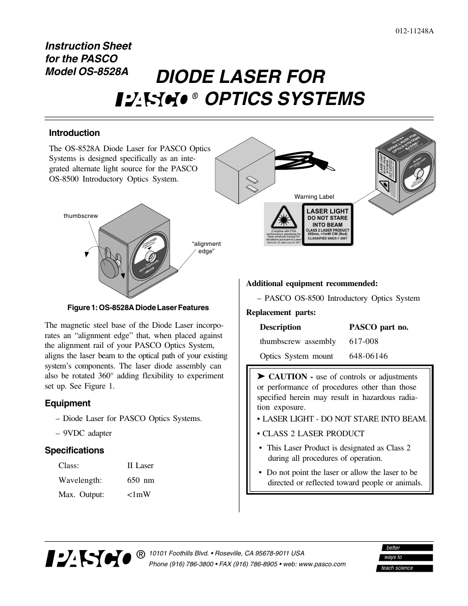 PASCO OS-8528A DIODE LASER User Manual | 4 pages