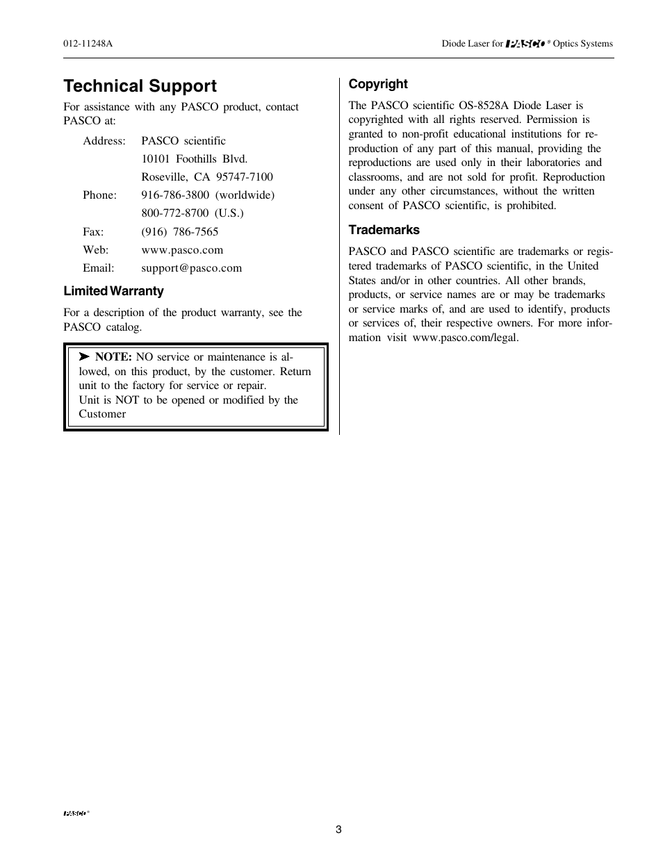 Technical support | PASCO OS-8528A DIODE LASER User Manual | Page 3 / 4