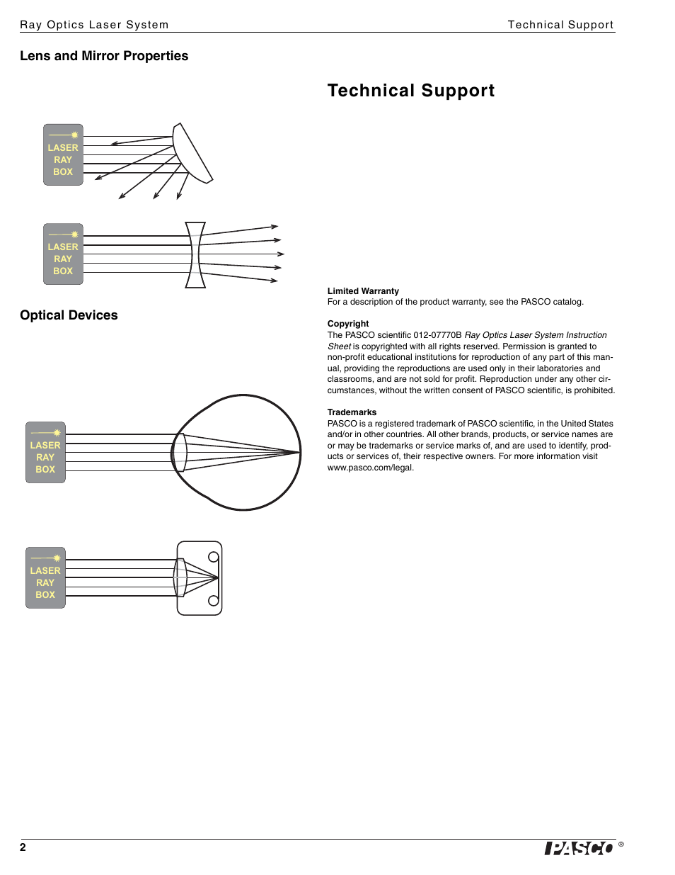 Technical support, Lens and mirror properties, Optical devices | PASCO SE-8506 Ray Optics Laser System User Manual | Page 2 / 2