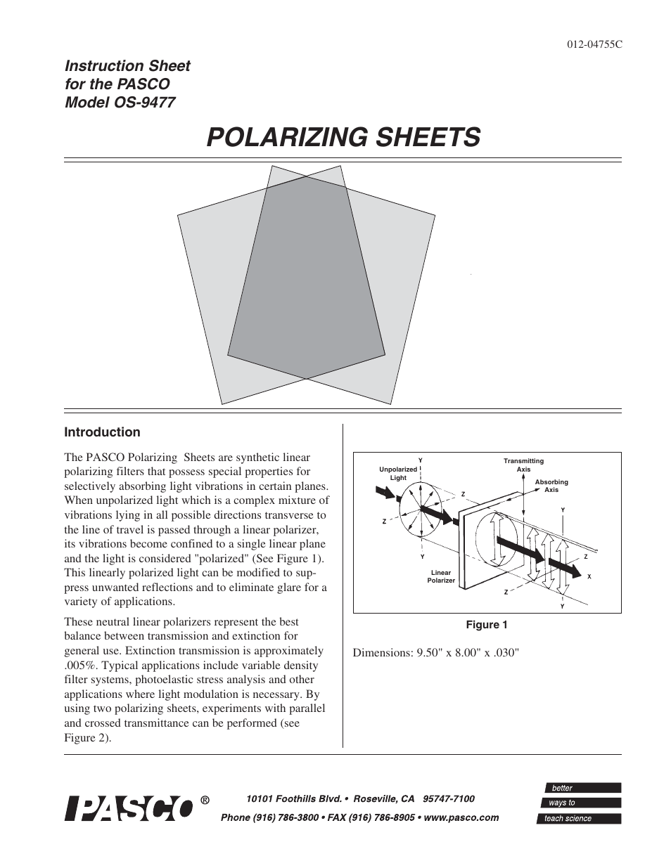 PASCO OS-9477 POLARIZING SHEETS User Manual | 2 pages