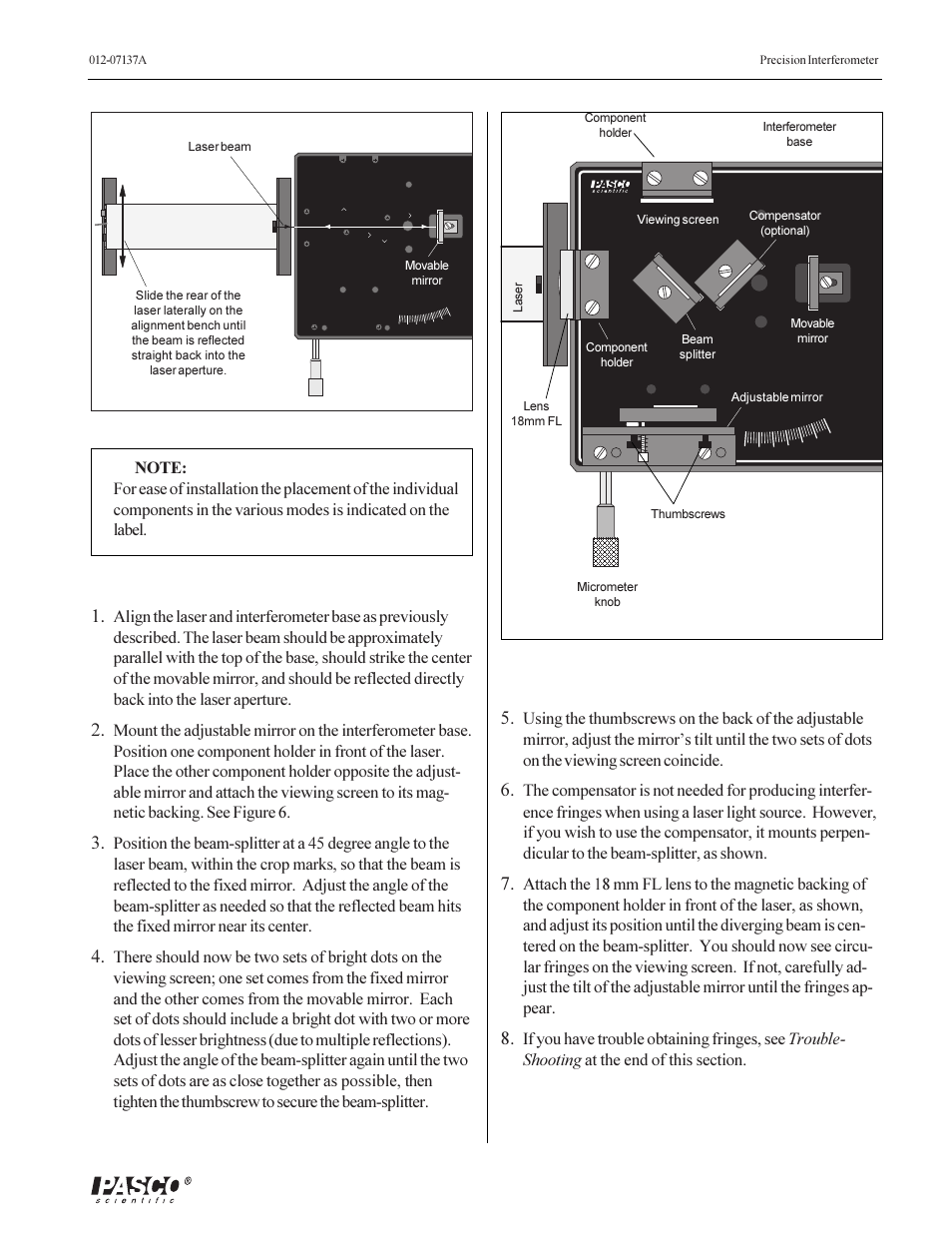 Michelson mode 1, Figure 5. aligning the laser, Figure 6. michelson mode setup | PASCO OS-9257A PRECISION INTERFEROMETER User Manual | Page 11 / 28