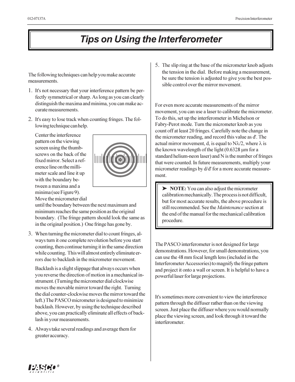 Tips on using the interferometer | PASCO OS-9257A PRECISION INTERFEROMETER User Manual | Page 13 / 28