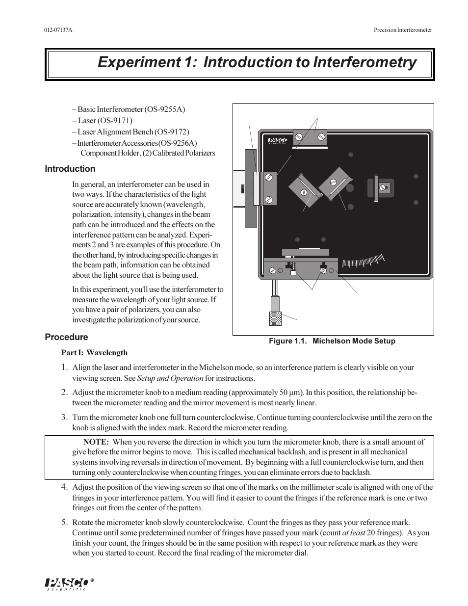 Experiment 1: introduction to interferometry, Introduction, Procedure | Part i: wavelength | PASCO OS-9257A PRECISION INTERFEROMETER User Manual | Page 15 / 28