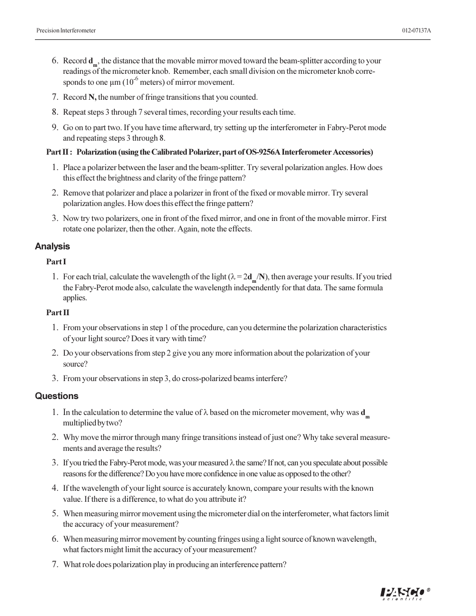 PASCO OS-9257A PRECISION INTERFEROMETER User Manual | Page 16 / 28