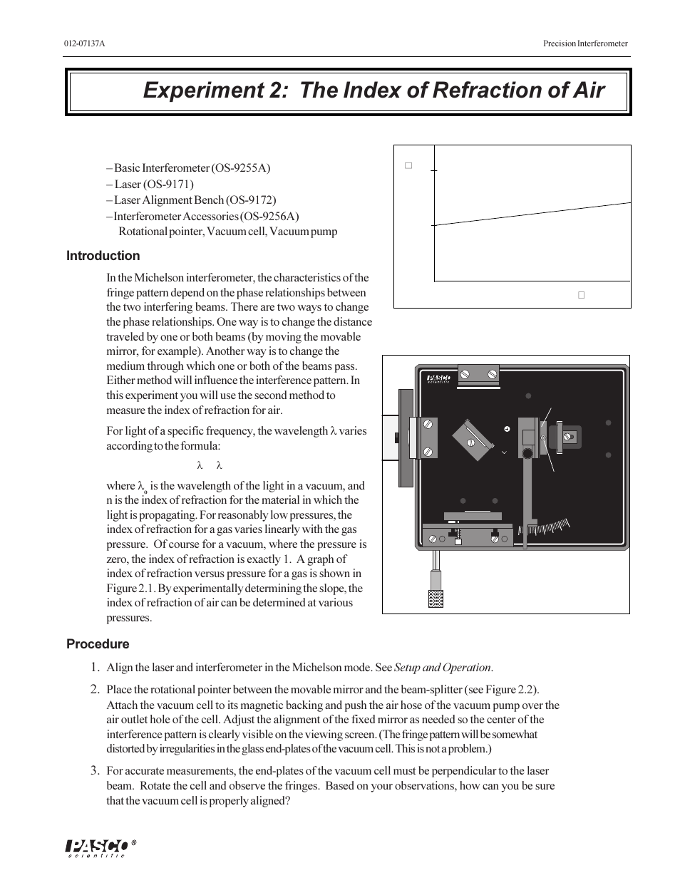 Experiment 2: the index of refraction of air, Introduction, Procedure 1 | Where l | PASCO OS-9257A PRECISION INTERFEROMETER User Manual | Page 17 / 28