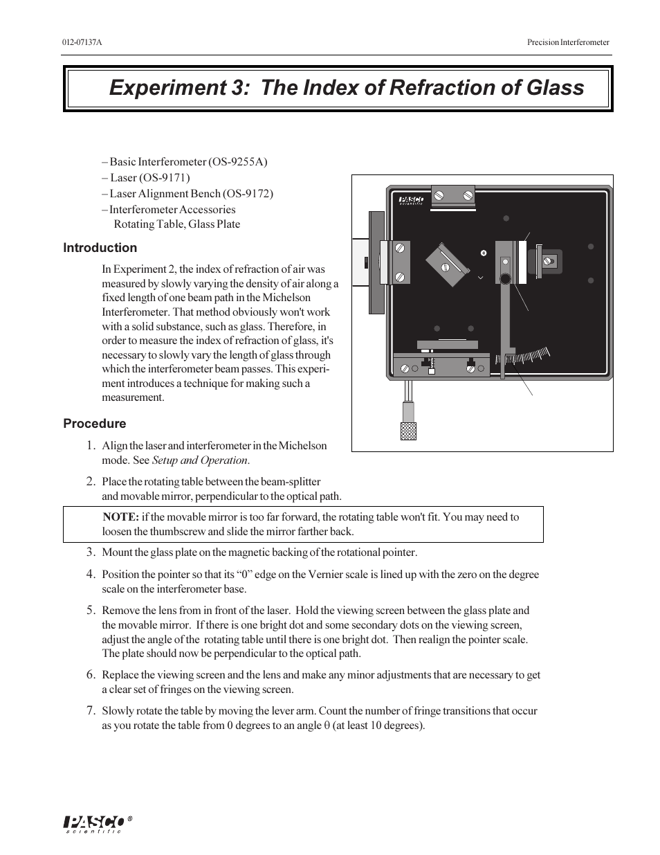 Experiment 3: the index of refraction of glass, Introduction, Procedure 1 | Equipment needed, Figure 3.1. equipment setup | PASCO OS-9257A PRECISION INTERFEROMETER User Manual | Page 19 / 28
