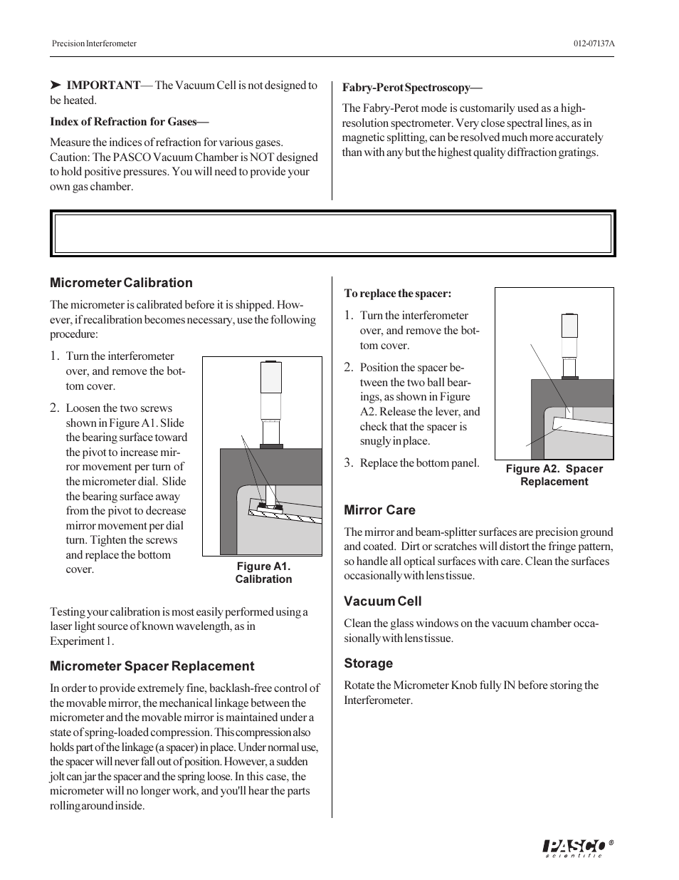 Maintenance | PASCO OS-9257A PRECISION INTERFEROMETER User Manual | Page 22 / 28