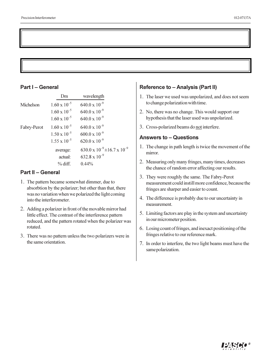 Teacher's guide, Experiment 1: introduction to interferometry | PASCO OS-9257A PRECISION INTERFEROMETER User Manual | Page 24 / 28