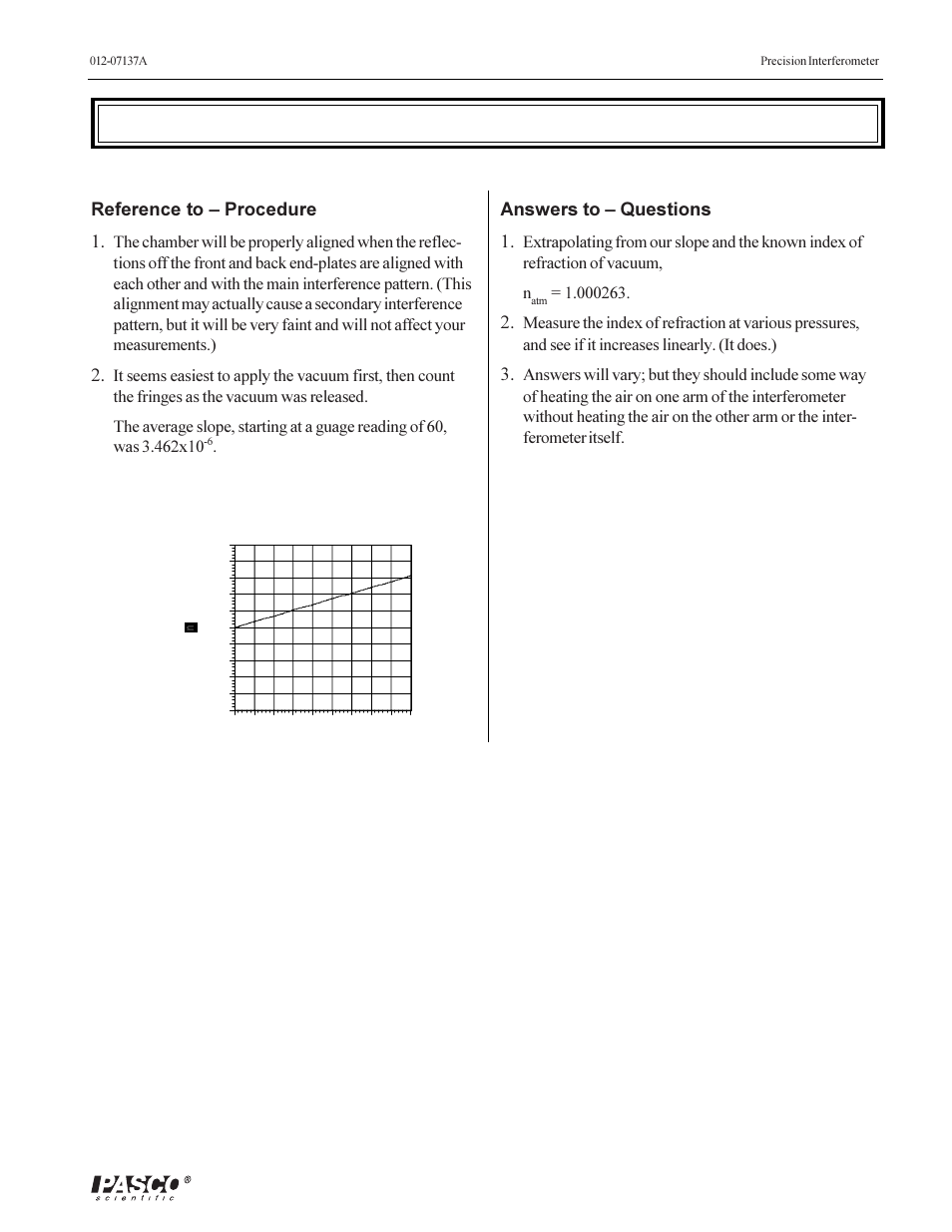 Experiment 2: the index of refraction of air, Reference to  procedure 1, Answers to  questions 1 | PASCO OS-9257A PRECISION INTERFEROMETER User Manual | Page 25 / 28