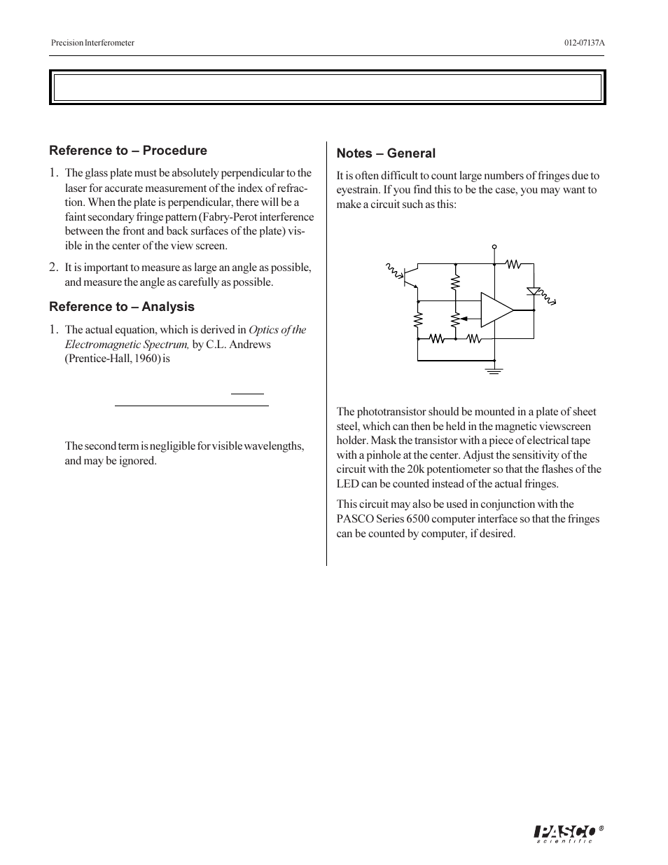 Experiment 3: the index of refraction of glass | PASCO OS-9257A PRECISION INTERFEROMETER User Manual | Page 26 / 28
