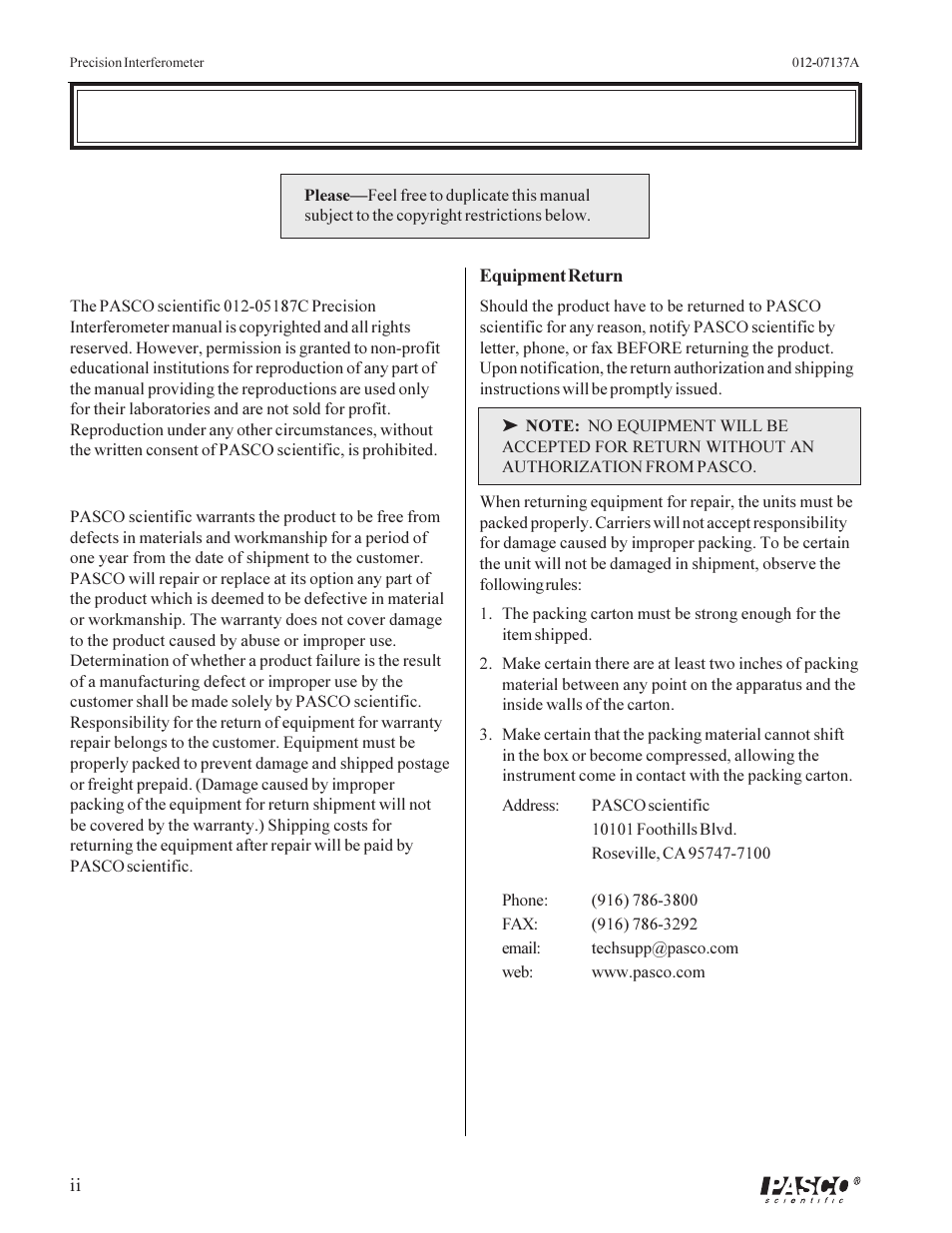 Copyright, warranty, and equipment return | PASCO OS-9257A PRECISION INTERFEROMETER User Manual | Page 4 / 28
