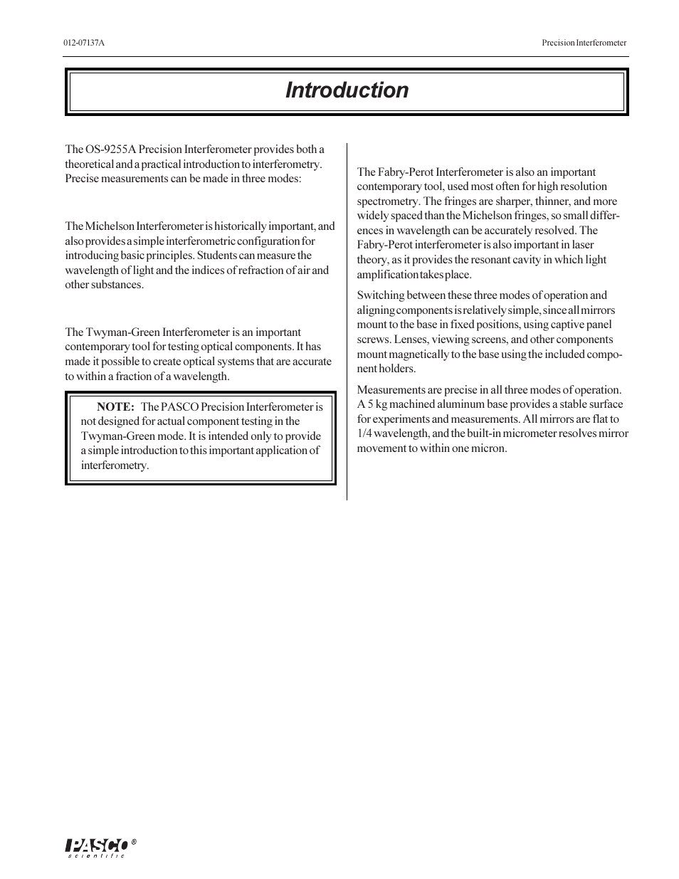 Introduction | PASCO OS-9257A PRECISION INTERFEROMETER User Manual | Page 5 / 28