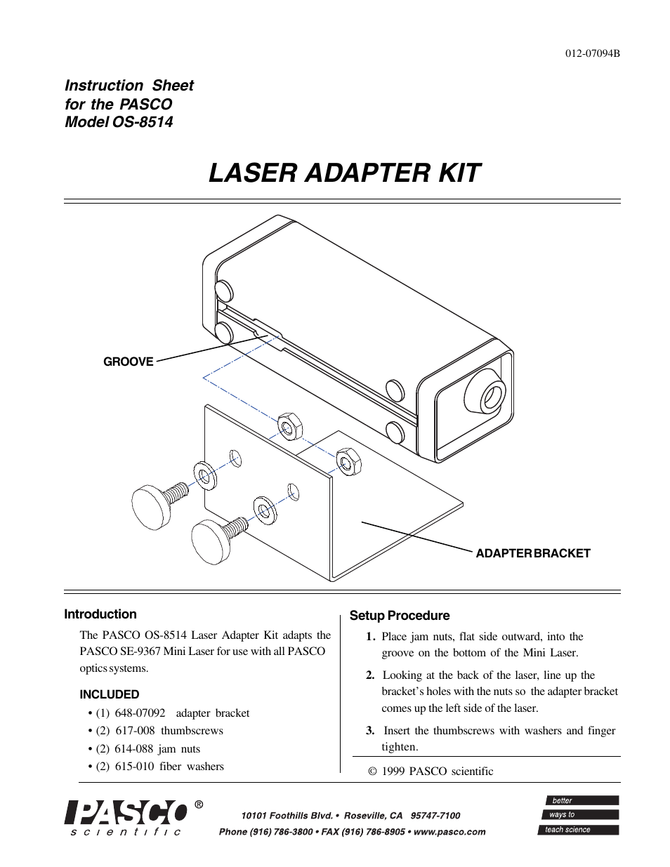 PASCO OS-8514 LASER ADAPTER KIT User Manual | 2 pages