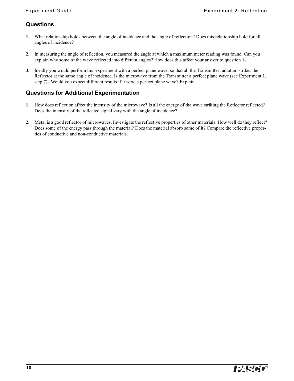Questions, Questions for additional experimentation | PASCO WA-9316A Complete Microwave Optics System User Manual | Page 10 / 42