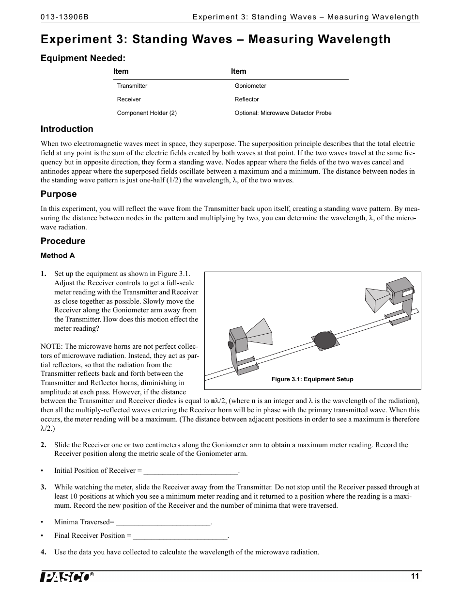 Equipment needed, Introduction, Purpose | Procedure | PASCO WA-9316A Complete Microwave Optics System User Manual | Page 11 / 42
