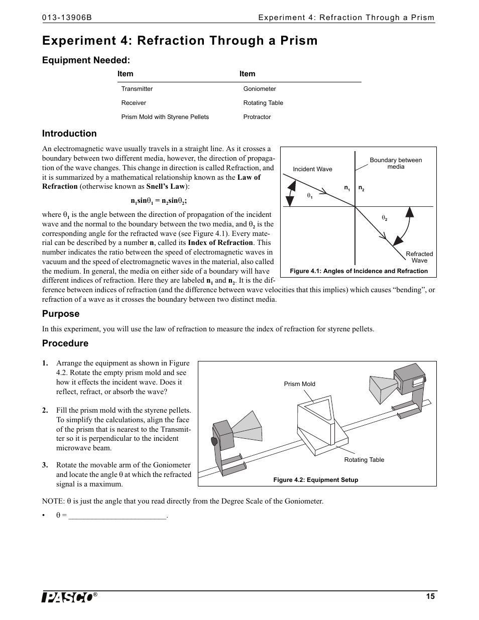 Experiment 4: refraction through a prism, Equipment needed, Introduction | Purpose, Procedure, Equipment needed: introduction | PASCO WA-9316A Complete Microwave Optics System User Manual | Page 15 / 42