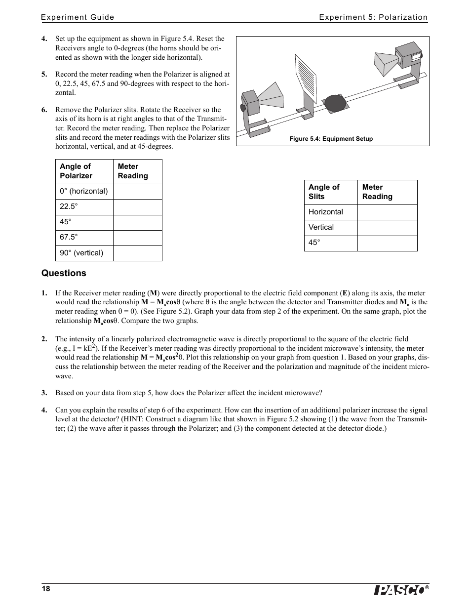 Questions | PASCO WA-9316A Complete Microwave Optics System User Manual | Page 18 / 42