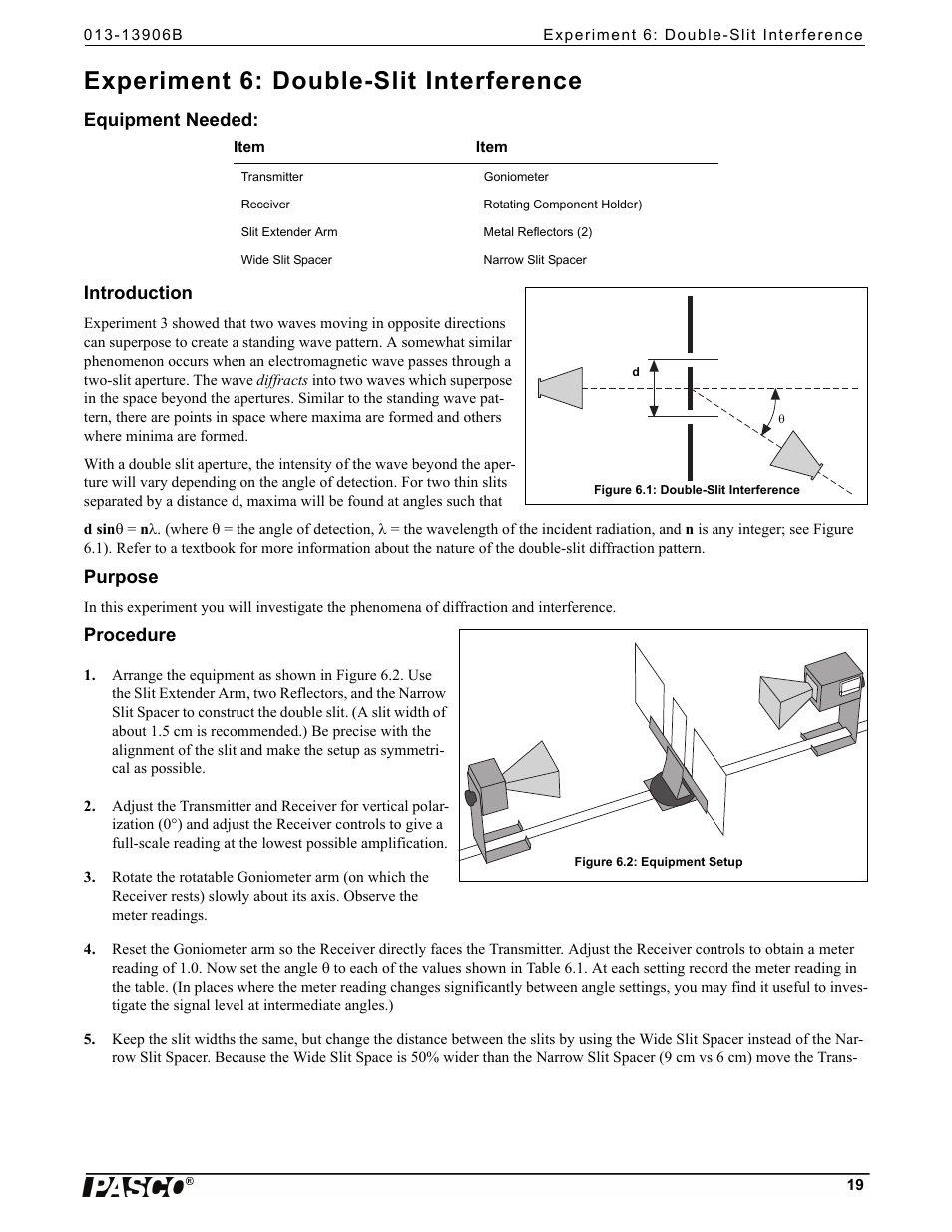 Experiment 6: double-slit interference, Equipment needed, Introduction | Purpose, Procedure | PASCO WA-9316A Complete Microwave Optics System User Manual | Page 19 / 42