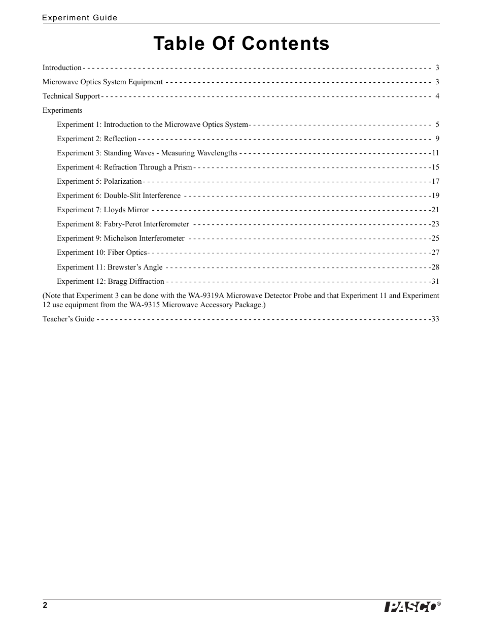 PASCO WA-9316A Complete Microwave Optics System User Manual | Page 2 / 42