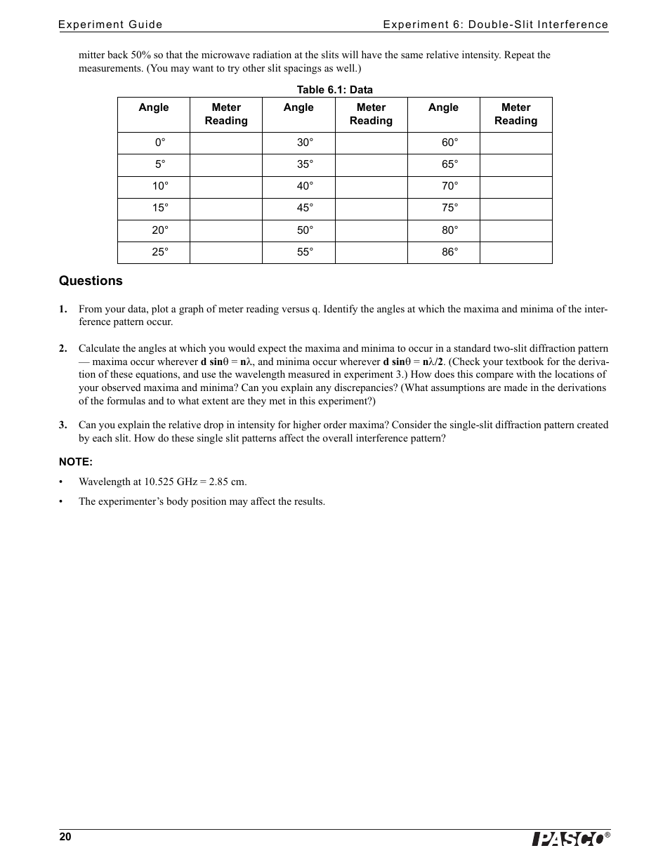 Questions | PASCO WA-9316A Complete Microwave Optics System User Manual | Page 20 / 42