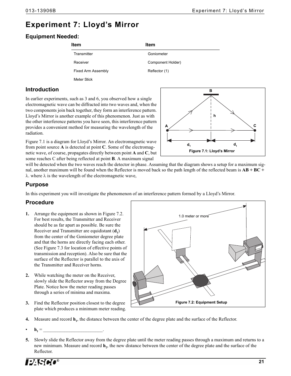 Experiment 7: lloyd’s mirror, Equipment needed, Introduction | Purpose, Procedure, Equipment needed: introduction | PASCO WA-9316A Complete Microwave Optics System User Manual | Page 21 / 42