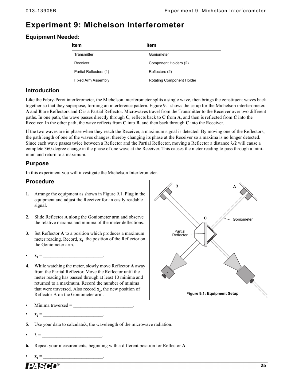 Experiment 9: michelson interferometer, Equipment needed, Introduction | Purpose, Procedure, Equipment needed: introduction | PASCO WA-9316A Complete Microwave Optics System User Manual | Page 25 / 42