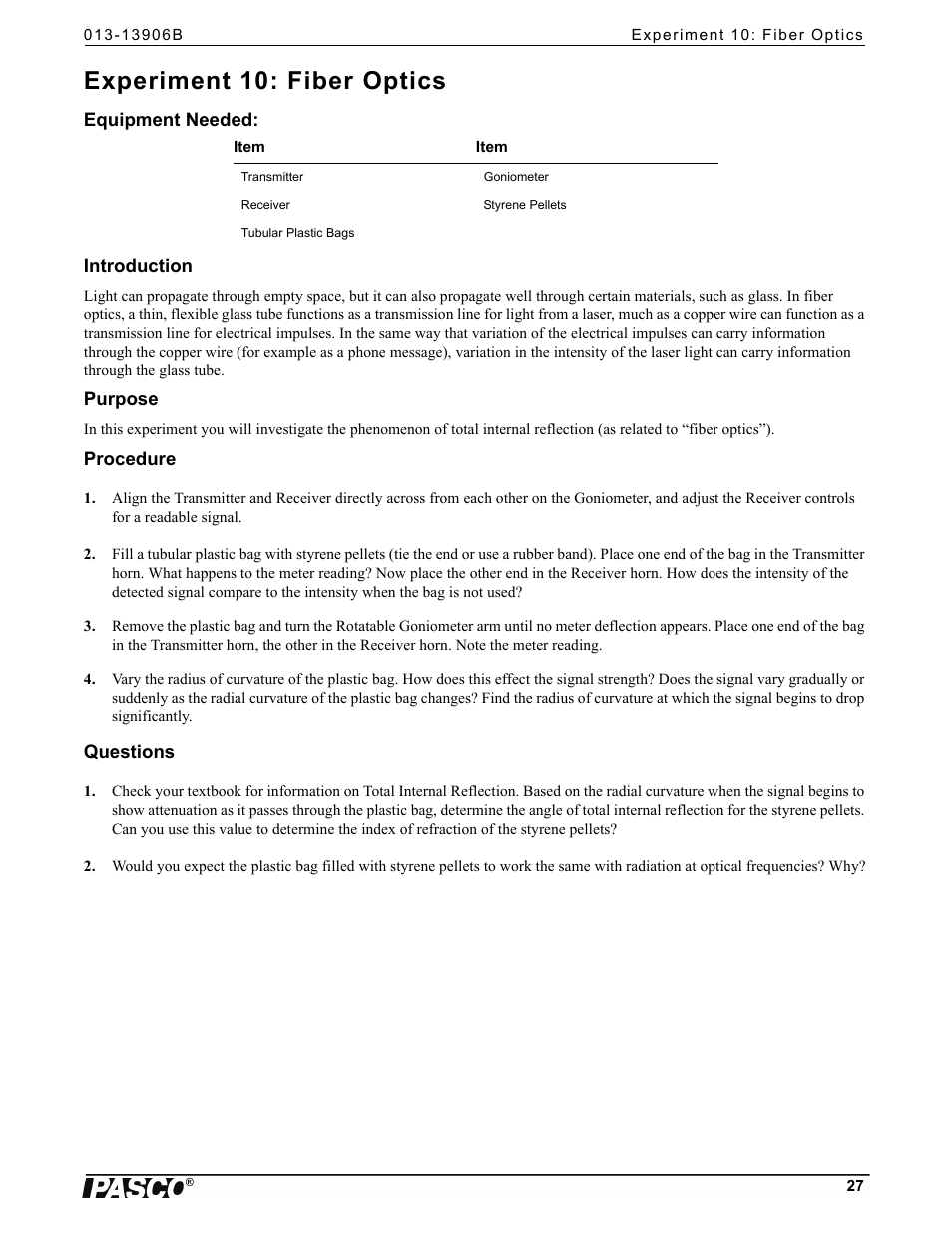 Experiment 10: fiber optics, Equipment needed, Introduction | Purpose, Procedure, Questions | PASCO WA-9316A Complete Microwave Optics System User Manual | Page 27 / 42