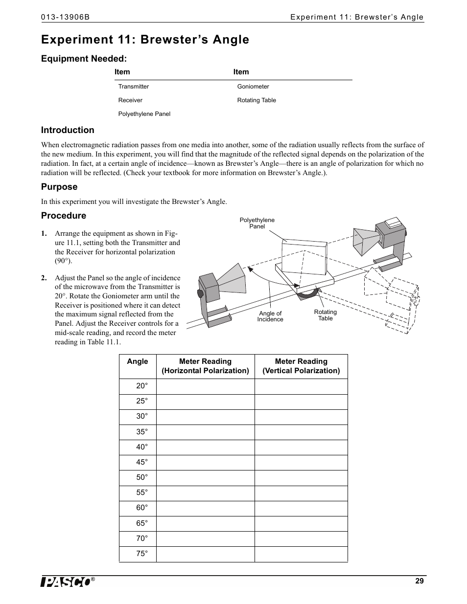 Experiment 11: brewster’s angle, Equipment needed, Introduction | Purpose, Procedure | PASCO WA-9316A Complete Microwave Optics System User Manual | Page 29 / 42