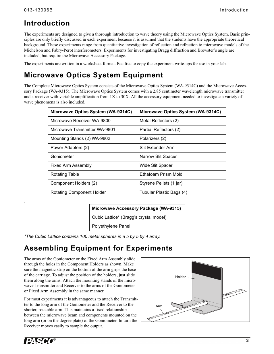 Introduction, Microwave optics system equipment, Assembling equipment for experiments | PASCO WA-9316A Complete Microwave Optics System User Manual | Page 3 / 42