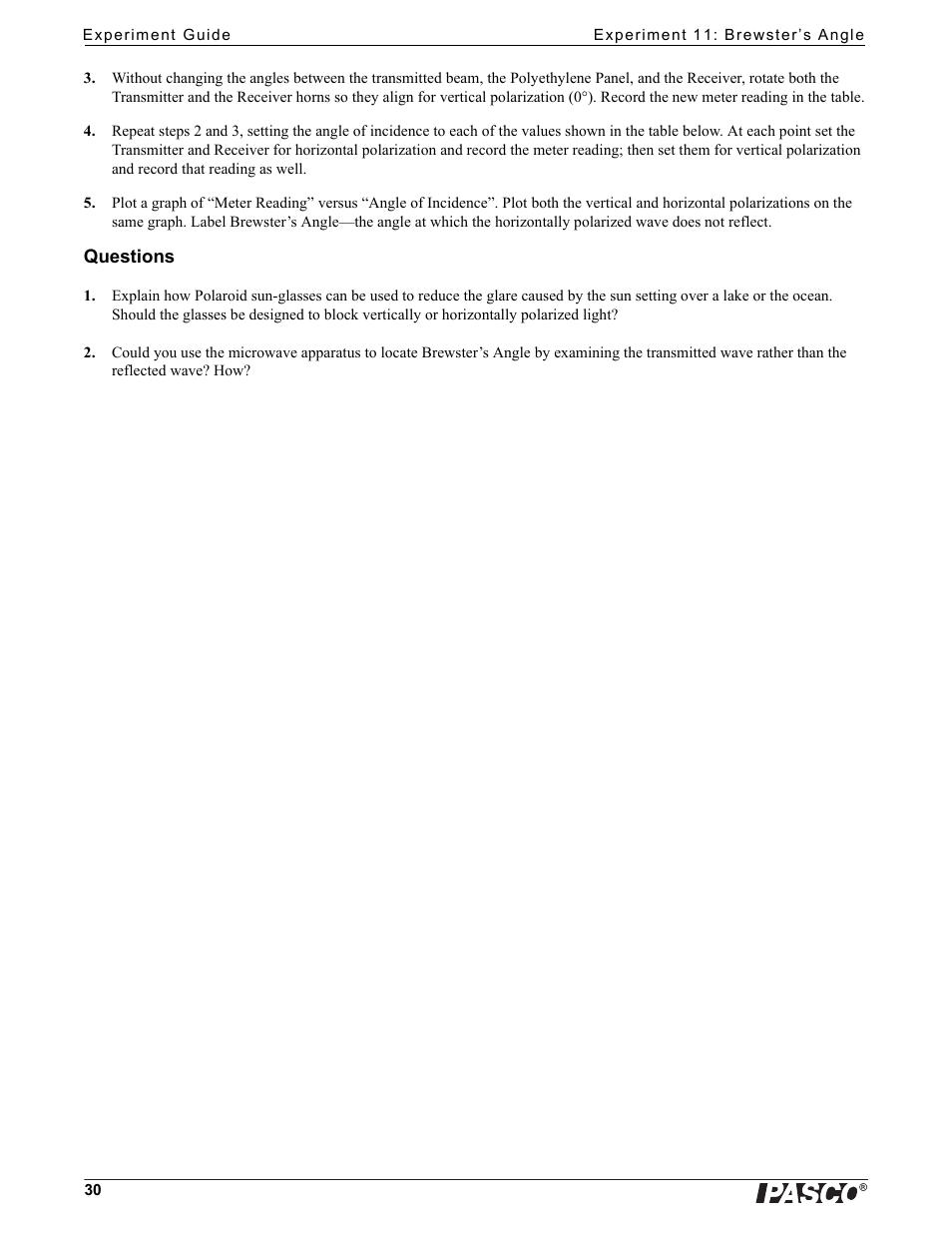 Questions | PASCO WA-9316A Complete Microwave Optics System User Manual | Page 30 / 42