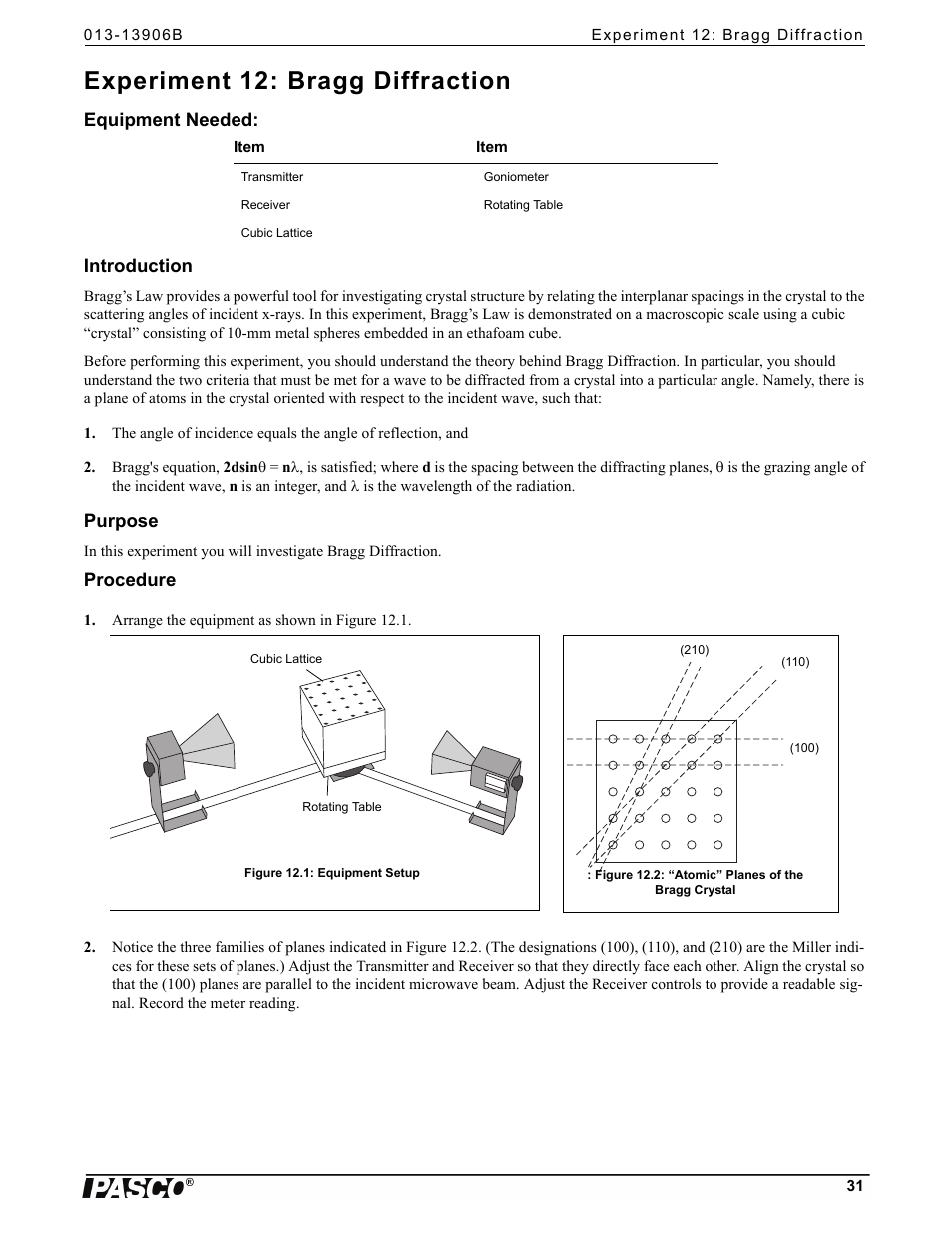 Experiment 12: bragg diffraction, Equipment needed, Introduction | Purpose, Procedure, Equipment needed: introduction | PASCO WA-9316A Complete Microwave Optics System User Manual | Page 31 / 42