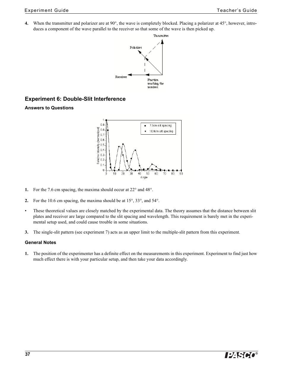 Experiment 6: double-slit interference | PASCO WA-9316A Complete Microwave Optics System User Manual | Page 37 / 42