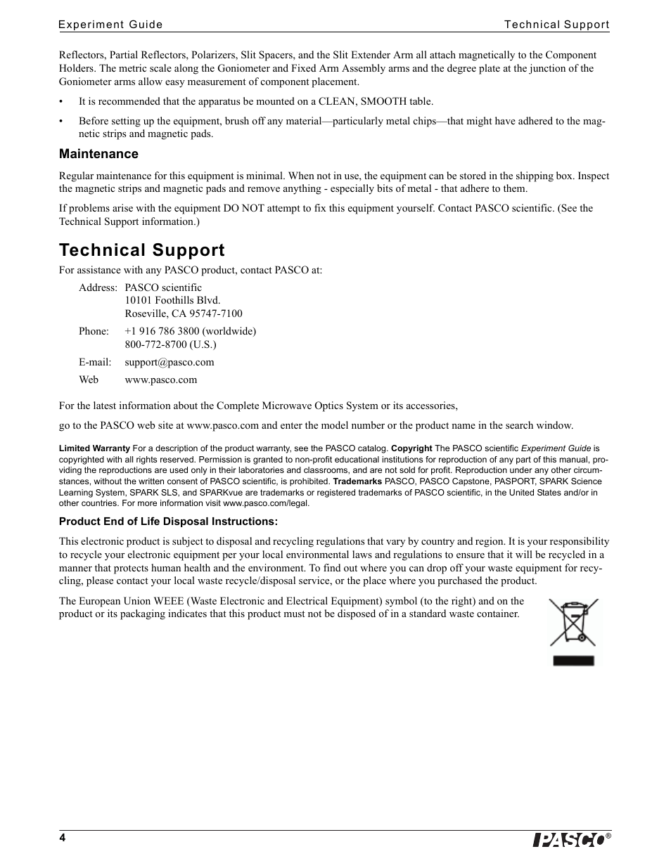 Maintenance, Technical support | PASCO WA-9316A Complete Microwave Optics System User Manual | Page 4 / 42