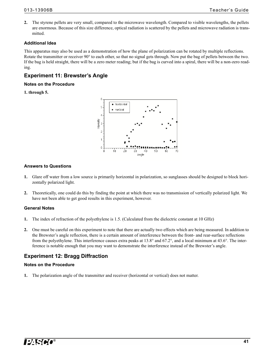 Experiment 11: brewster’s angle, Experiment 12: bragg diffraction | PASCO WA-9316A Complete Microwave Optics System User Manual | Page 41 / 42