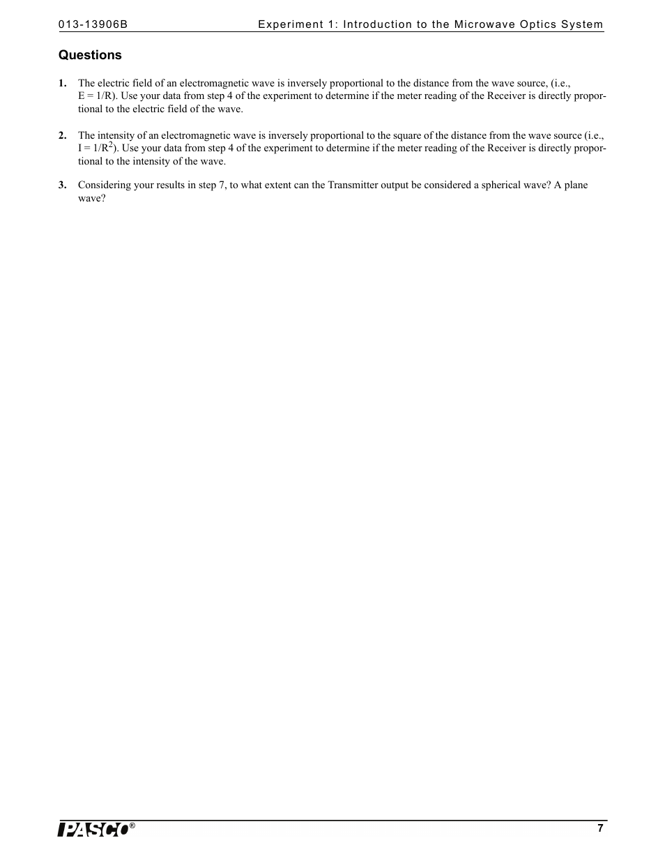 Questions | PASCO WA-9316A Complete Microwave Optics System User Manual | Page 7 / 42