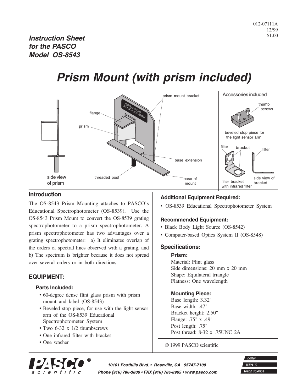 PASCO OS-8543 Prism Mount User Manual | 4 pages