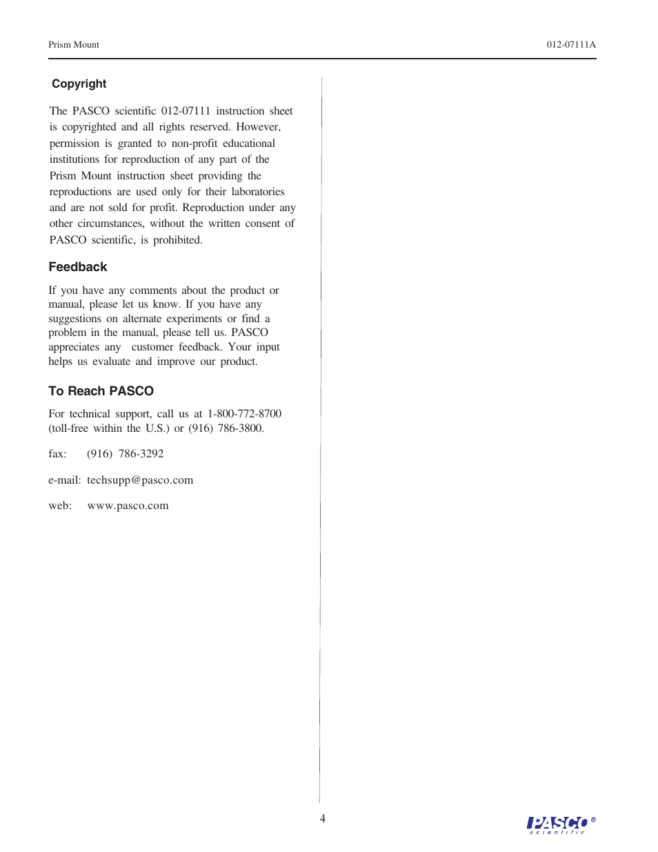 PASCO OS-8543 Prism Mount User Manual | Page 4 / 4