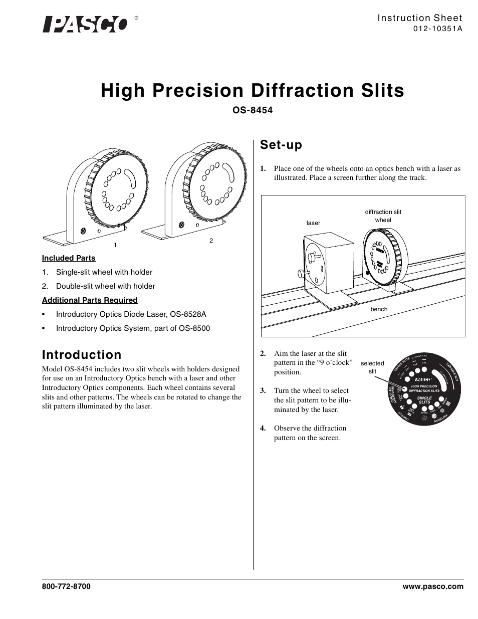 PASCO OS-8454 High Precision Diffraction Slits User Manual | 3 pages