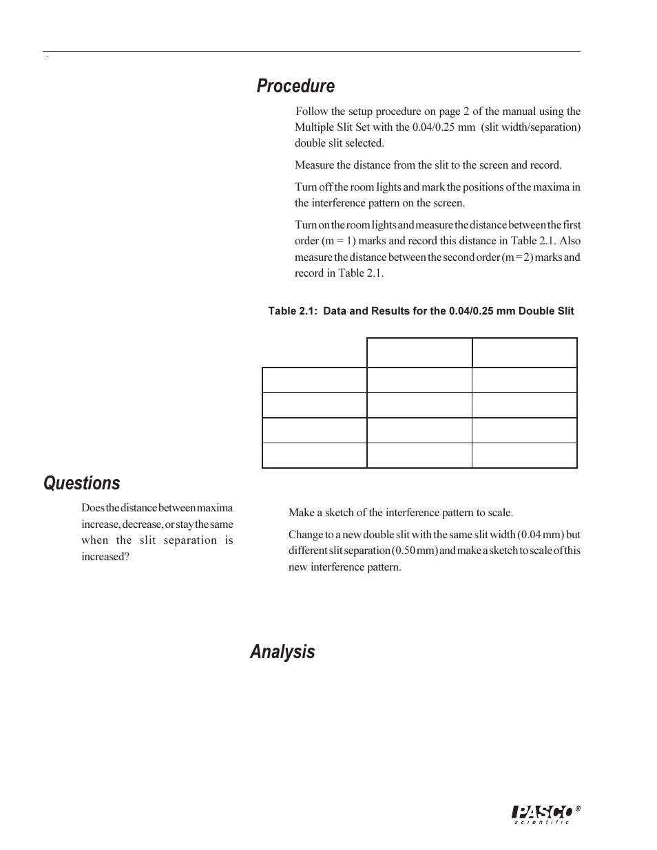 Questions, Procedure, Analysis | PASCO OS-8529 SLIT ACCESSORY User Manual | Page 10 / 14